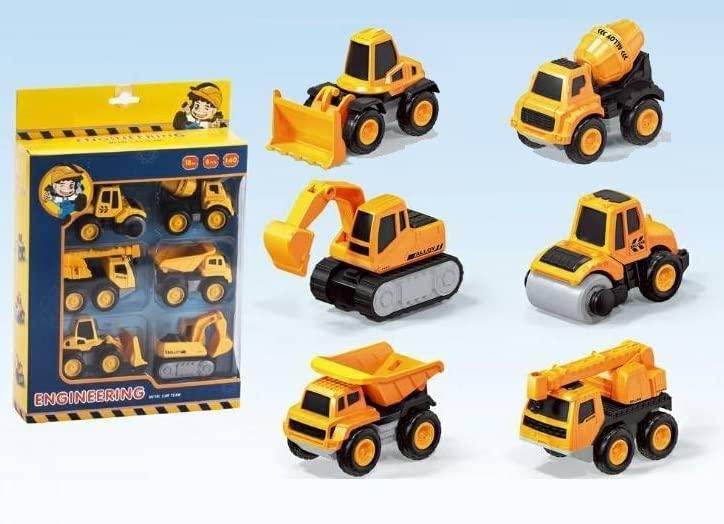 DIY Construction 6 in 1 Metal Team Car Engineering Automobile Contrucation Friction Powered Pull Back Crane Excavator Road Roller Forklift Mixer Vehicle