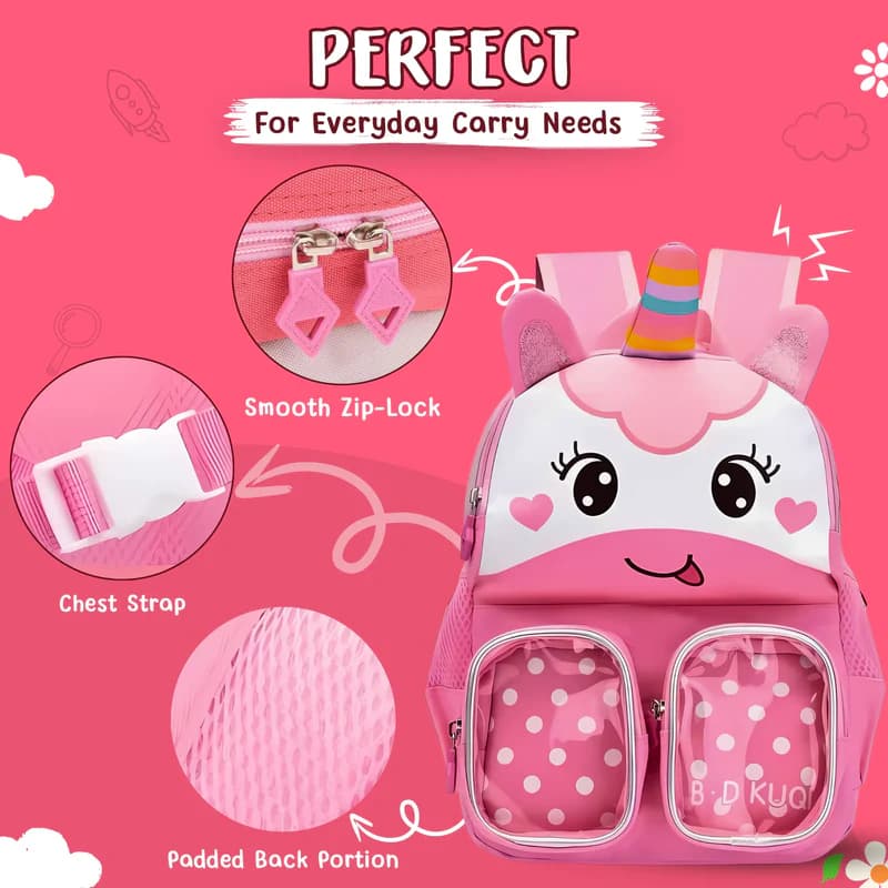 Trendy Unicorn Printed Cartoon Character Backpack for Kindergarten - Fun, Durable, Spacious with Front Pockets - Yellow — view 4