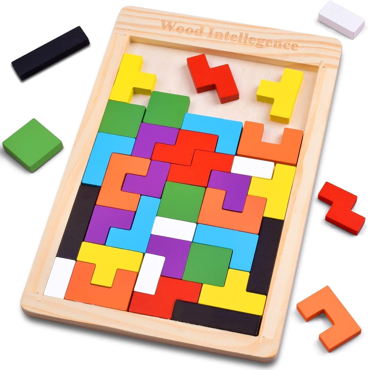 40-Piece Wooden Russian Block Puzzle Set with Storage Bag, Montessori Wooden Puzzle for STEM Learning