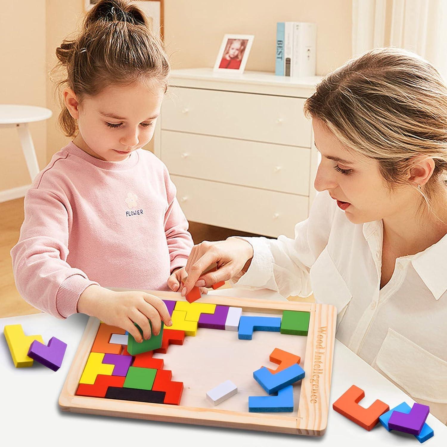 40-Piece Wooden Russian Block Puzzle Set with Storage Bag, Montessori Wooden Puzzle for STEM Learning