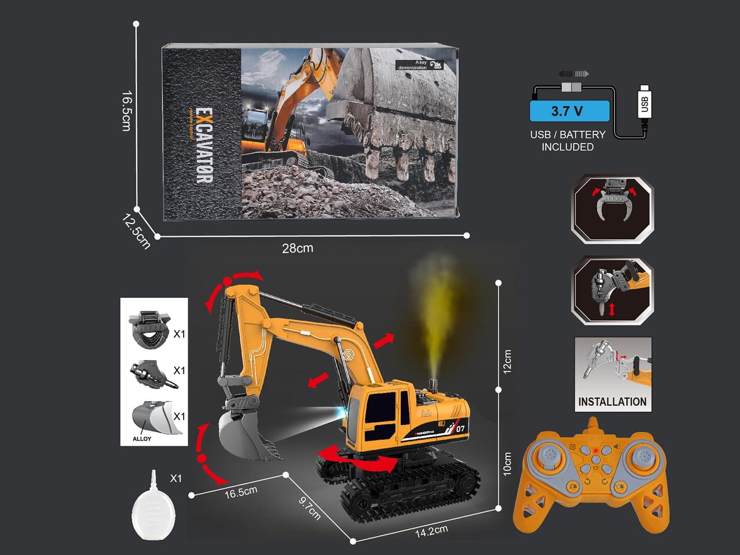 CB Toy Excavator for Kids – 1:22 11-Channel Metal Remote Control Construction Vehicle with Lights, Sounds & 360° Rotation Yellow Digger Truck (Ages 6–12) — view 4