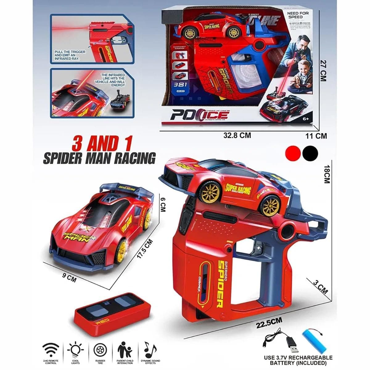 2.4G RC Sports Car with Infrared Battle Gun, 3-in-1 Detachable Remote Control Racing Car, Shooting & Rollover Action Toy Car for Kids Boys Girls — view 3