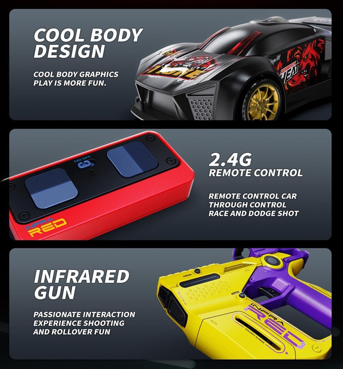 2.4G RC Sports Car with Infrared Battle Gun, 3-in-1 Detachable Remote Control Racing Car, Shooting & Rollover Action Toy Car for Kids Boys Girls — view 4